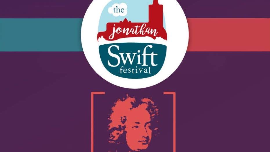 Round logo of red outline of a church with white text above head and shoulder image of man with curly long hair in red against dark purple background.