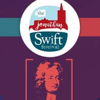 Round logo of red outline of a church with white text above head and shoulder image of man with curly long hair in red against dark purple background.