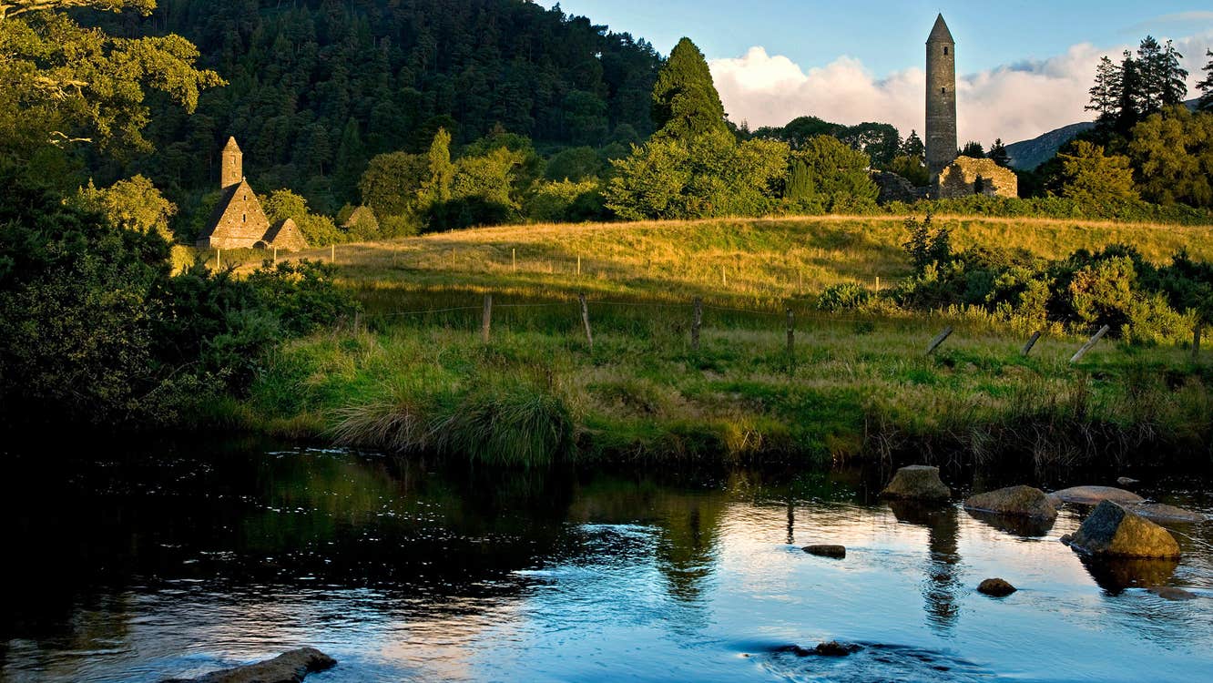 The green forests and blue rivers at Glendalough Monastic Site