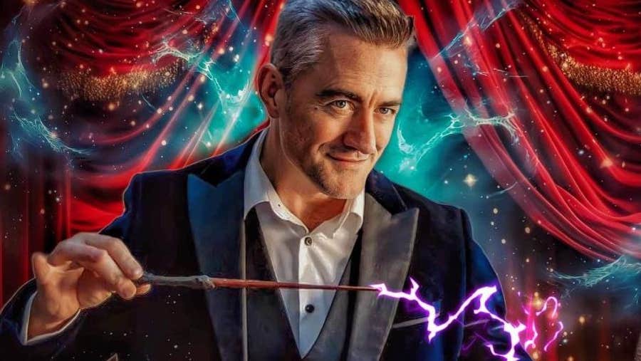 A smiling man in suit and shirt is holding a magic wand with bright coming out in a wiggly line.