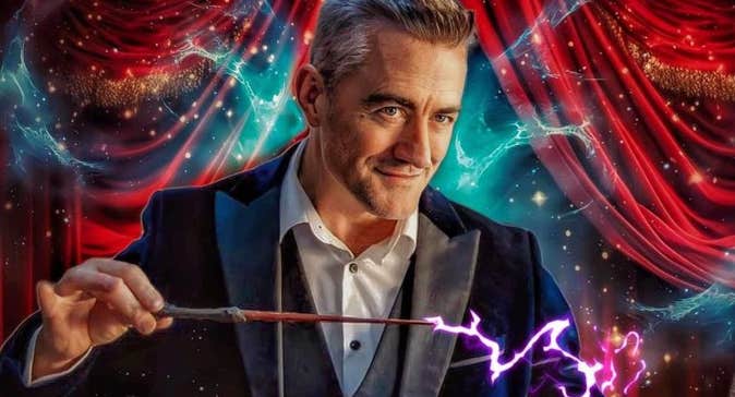 A smiling man in suit and shirt is holding a magic wand with bright coming out in a wiggly line.