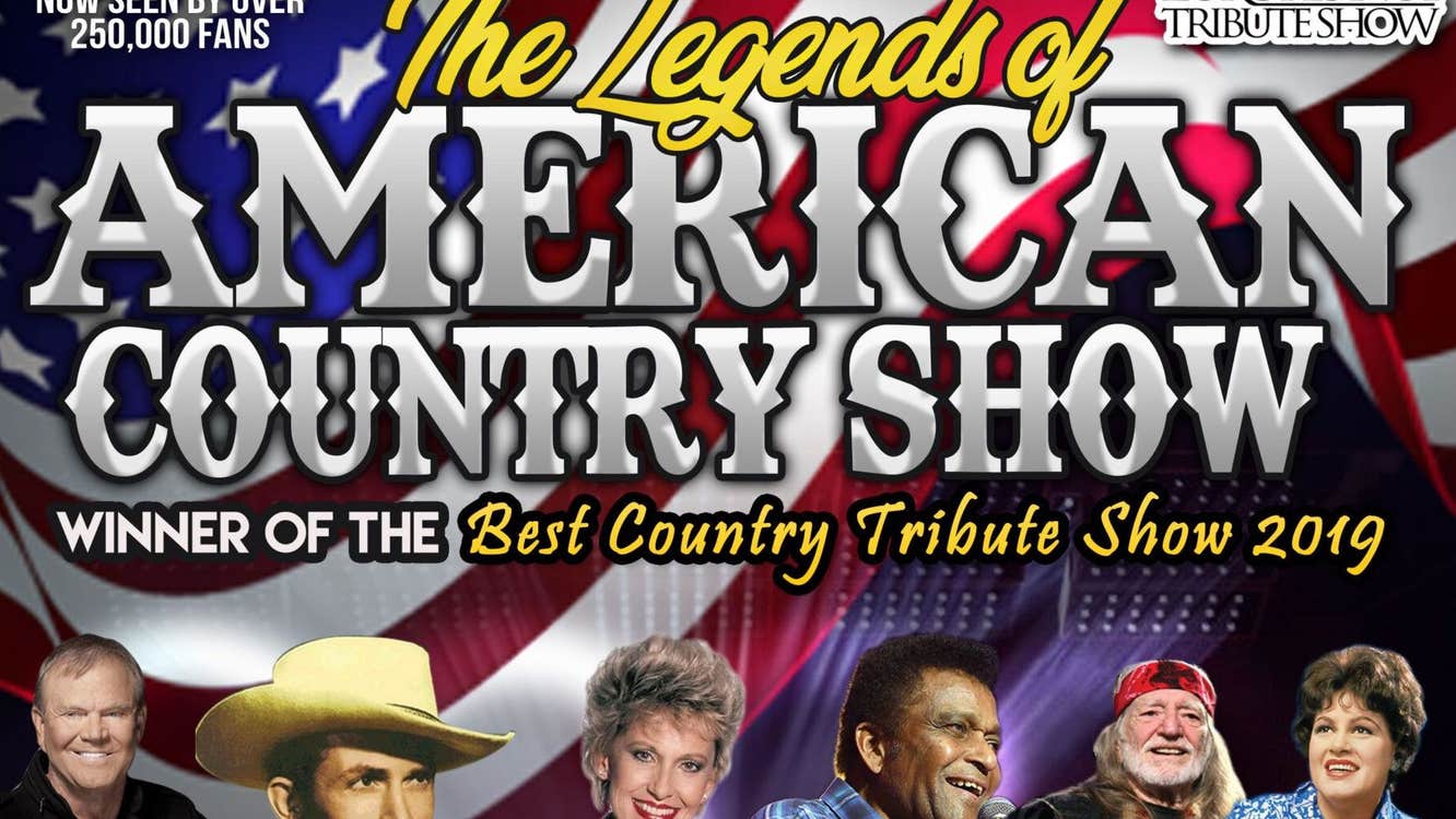 Large, white fancy text against stars and stripes American flag, with row of country music stars across the bottom.