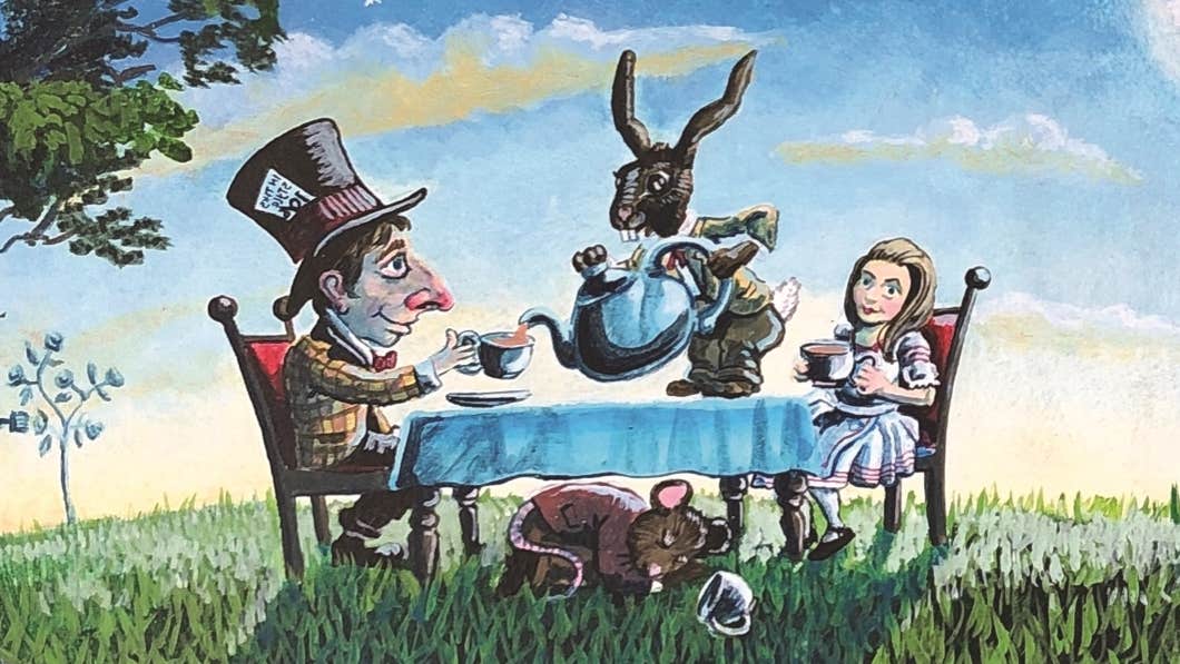 Cartoon drawn image of a girl and a man in a large hat sitting at a table drinking tea poured by a large hare outdoors.