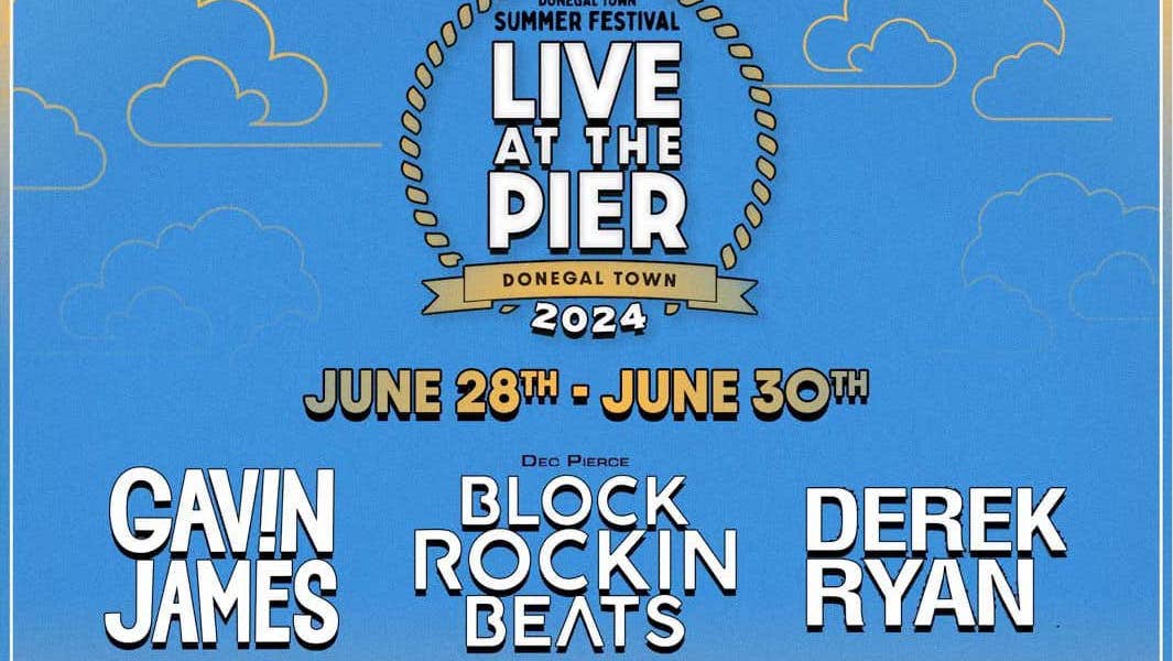 Donegal Town Summer Festival Poster, blue background with white event text.