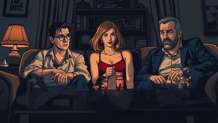 Cartoon type image of 2 men sat either side of woman on a sofa