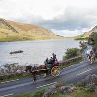Two pony and carts filled with people travelling along a road in Killarney National Park in County Kerry.