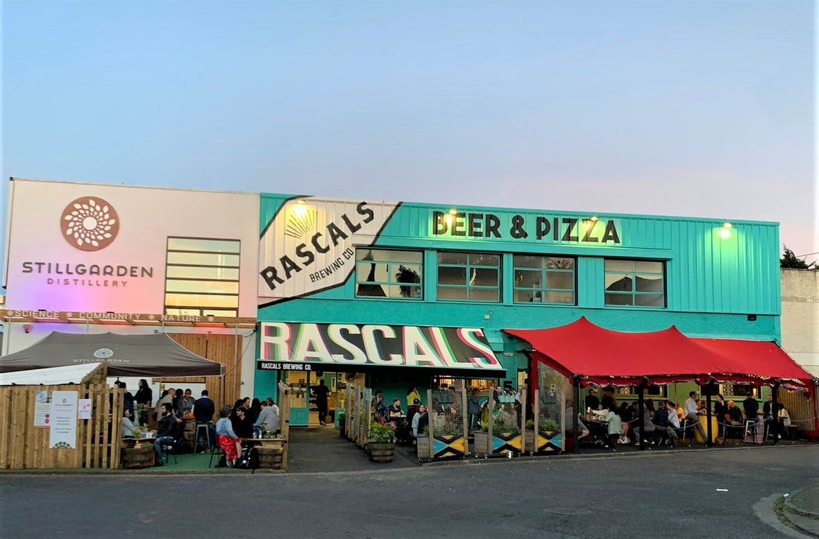 Exterior image of people at Rascals Brewing Company in Inchicore, Dublin.