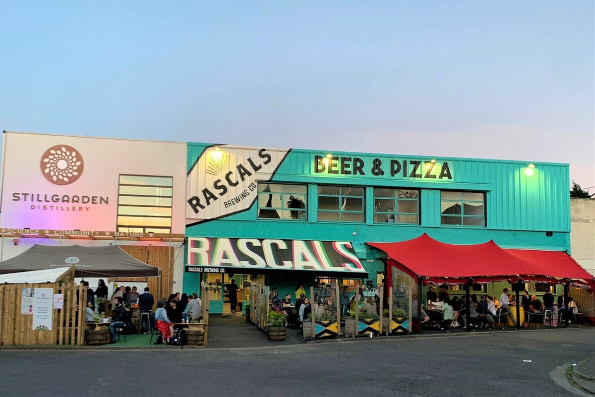 Exterior image of people at Rascals Brewing Company in Inchicore, Dublin.