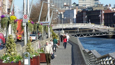 A board walk lined with flowers and plants along a river in a city