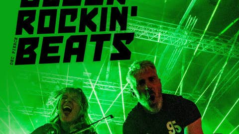 Poster with green lights and 2 people crouched down at camera.