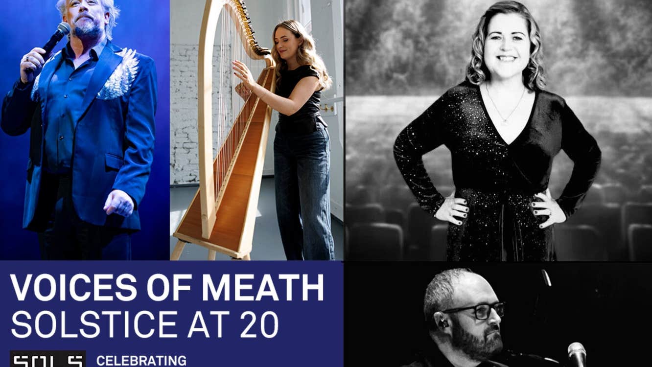 A celebratory concert poster featuring performers from across Meath, marking Solstice Arts Centre’s 20th anniversary with an evening of music, community and local talent.