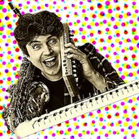 Surprised looking man hold up a small electronic device to his ear with a keyboard and a saxophone, against background of lines of coloured dots