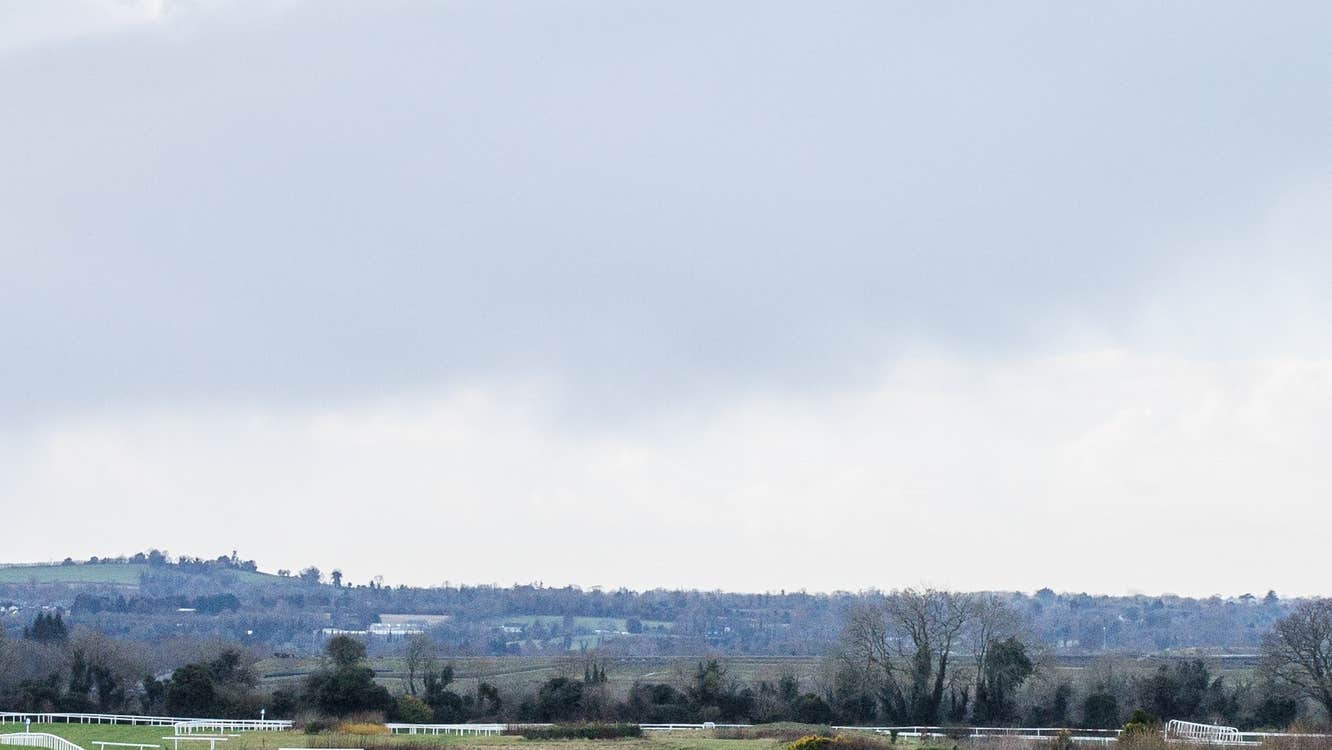 Horses racing on a racecourse with trees and a cloudy sky in the background