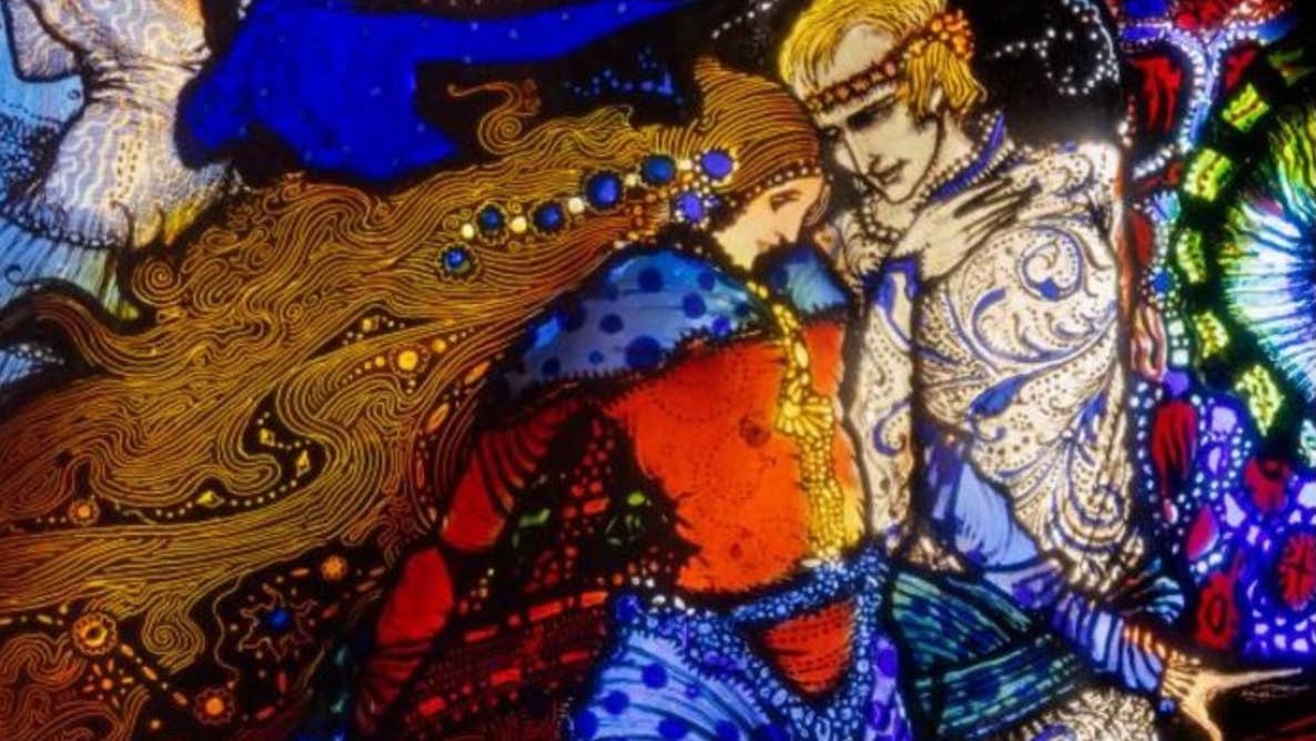 A close-up image of Harry Clarke's 'A Meeting' on display at Collins Barracks