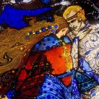 A close-up image of Harry Clarke's 'A Meeting' on display at Collins Barracks