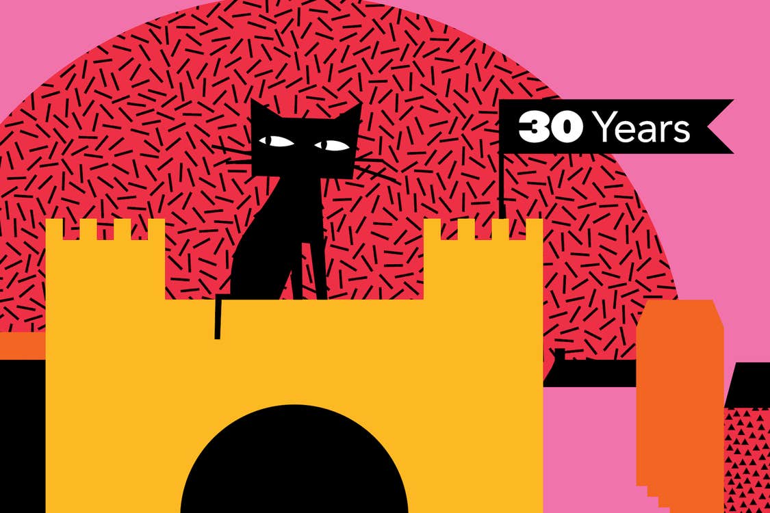 Key Art for Cat Laughs 2024. Simple block coloured images of a yellow castle with black cat sat on the roof against pink background with red half moon shape