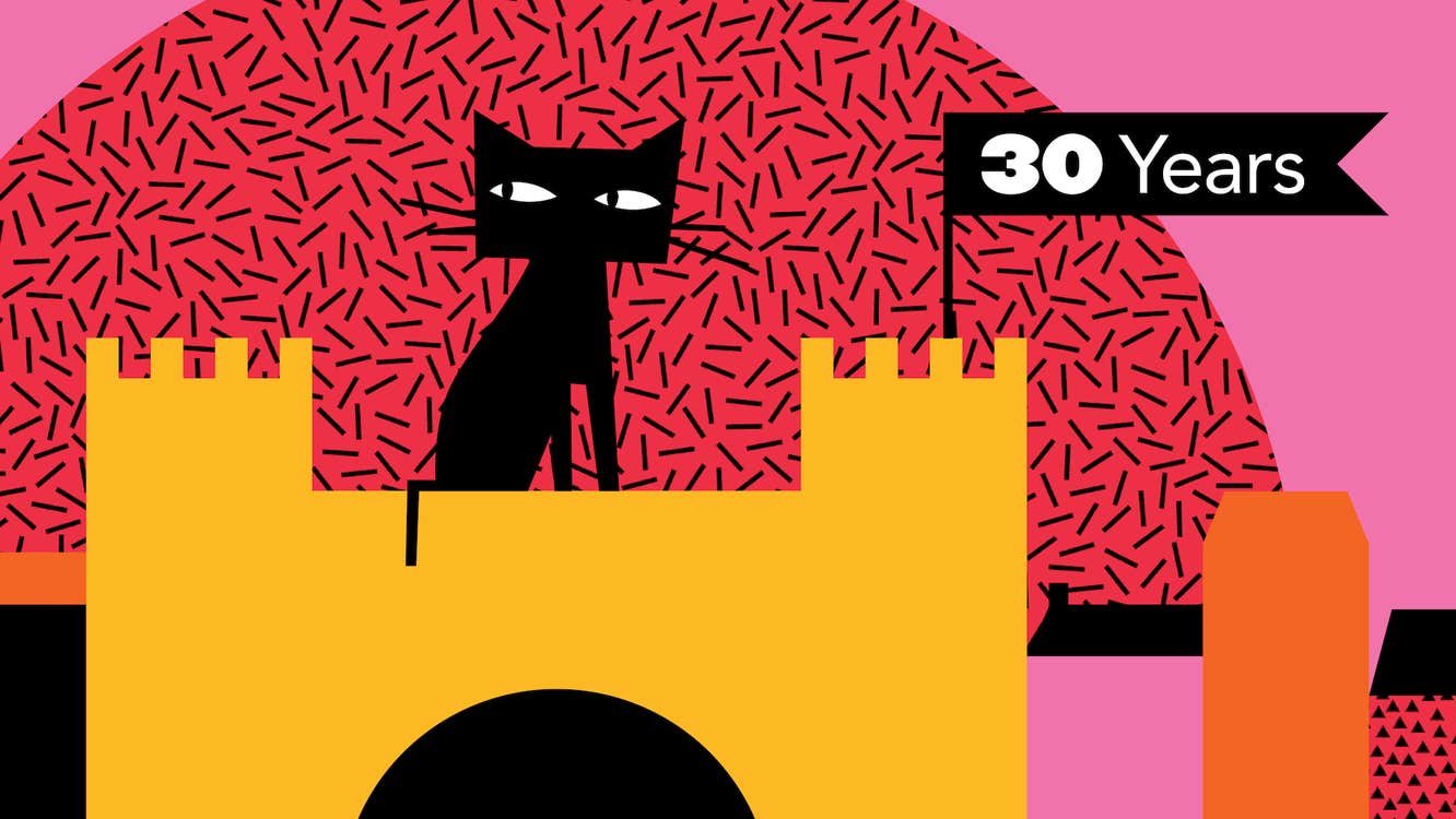 Key Art for Cat Laughs 2024. Simple block coloured images of a yellow castle with black cat sat on the roof against pink background with red half moon shape