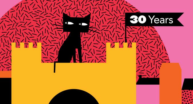 Key Art for Cat Laughs 2024. Simple block coloured images of a yellow castle with black cat sat on the roof against pink background with red half moon shape
