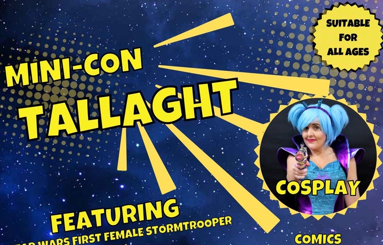 Part of Mini-Con Tallaght event poster with yellow event text, round photo of person in blue costume with blue hair pointing toy type gun, all against dark blue background.