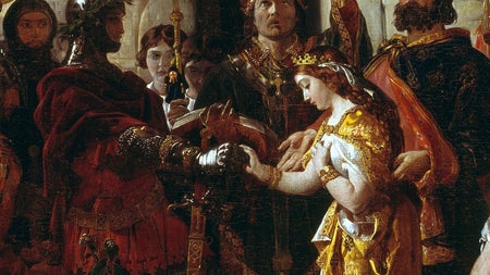 This dramatic historical painting depicts the marriage of the Norman knight Strongbow to Aoife, daughter of the King of Leinster—a political and romantic union from Irish history that helped shape the course of the country's future.