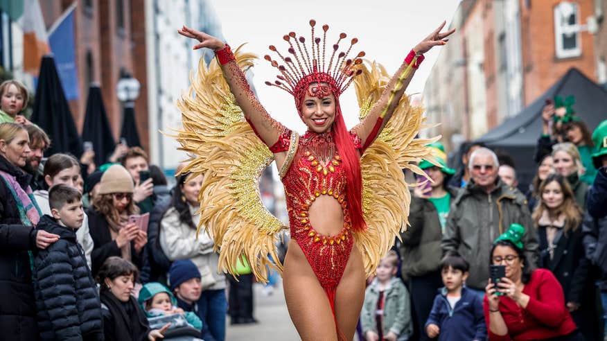 A performer in the 2025 St Patrick's Day Festival in Dublin city