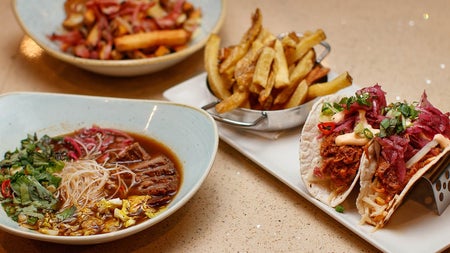 Pulled beef Bay tacos served with Bay chips at Bay Restaurant