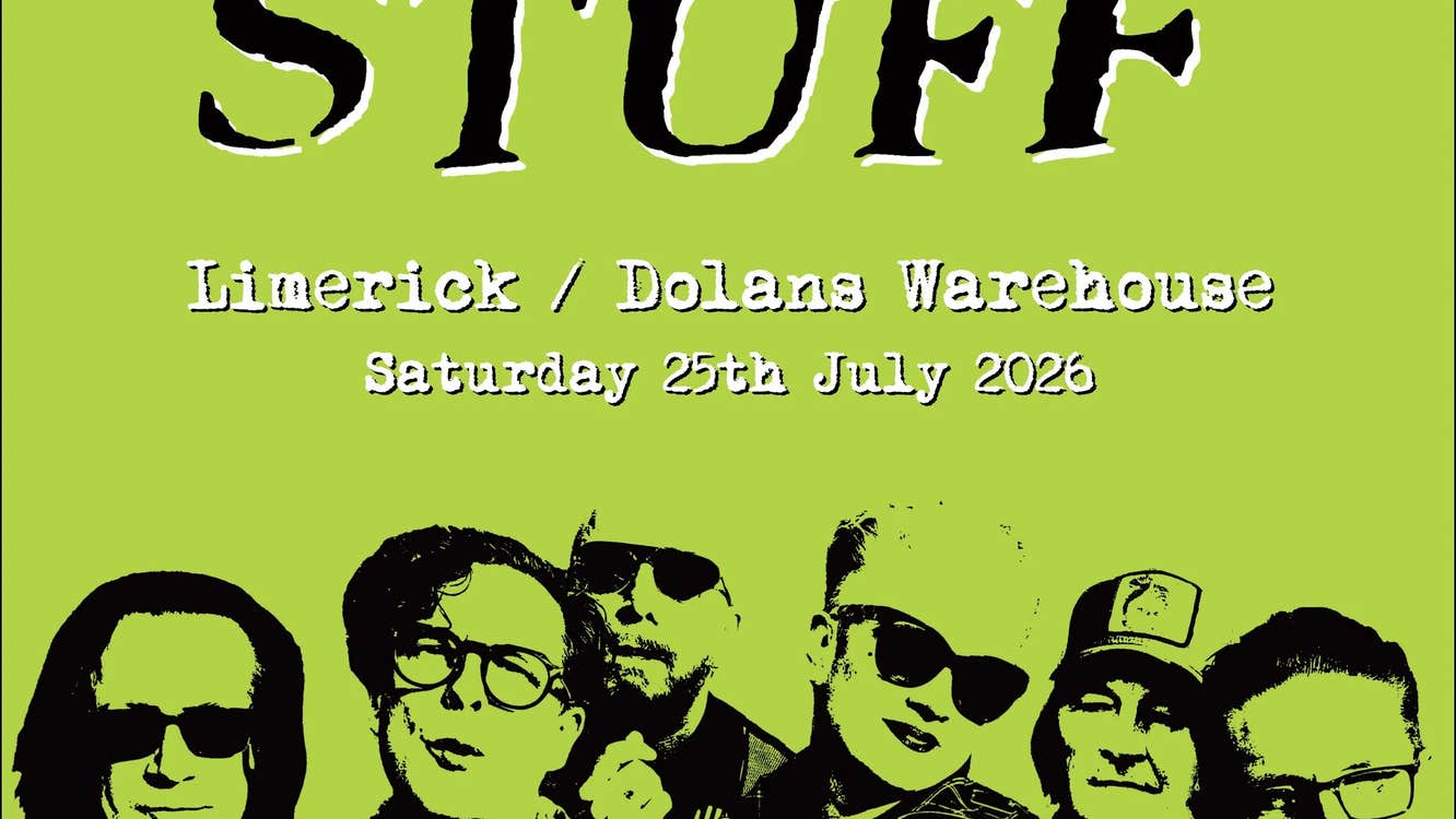 British indie band The Wonder Stuff, poster in lime green with black and green images of band across the bottom edge with text above.