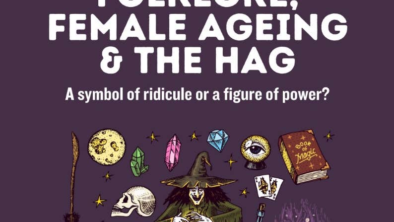 Poster in dark purple with a cartoon witch and related items; cat, moon broom, spell book