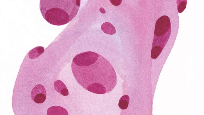 An abstract shape with varying shades of pink on a white background.