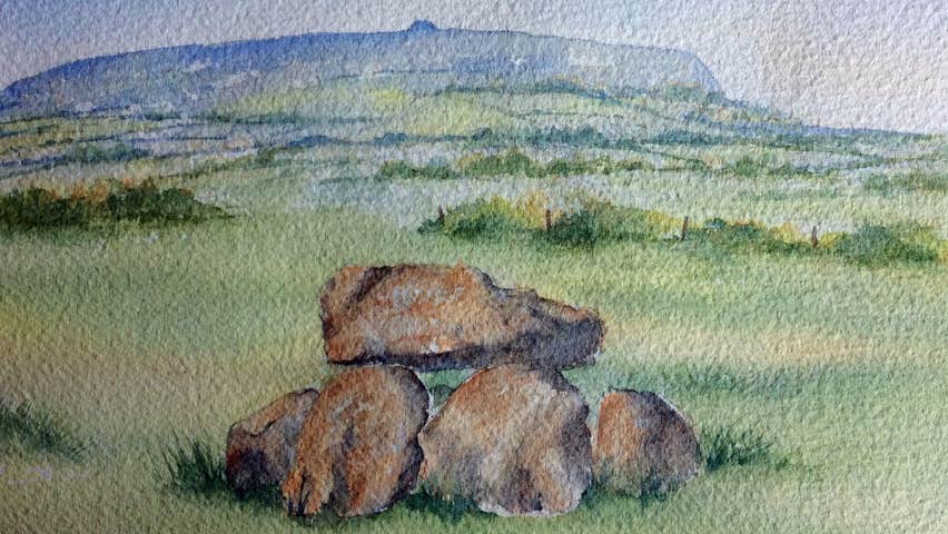A watercolour painting of a dolmen in a field with hills in background
