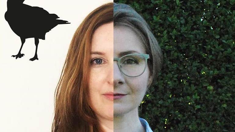 a woman's face cut in half vertically with 2 different faces, one wearing glasses