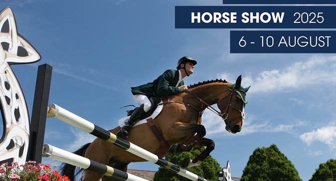 Looking upwards at a horse and rider jumping over white fence against blue sky.