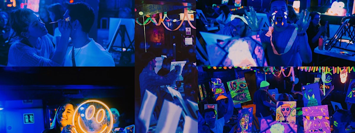 Neon Painting | Reggaeton, pictures of various groups painting in a dark, neon lit room.