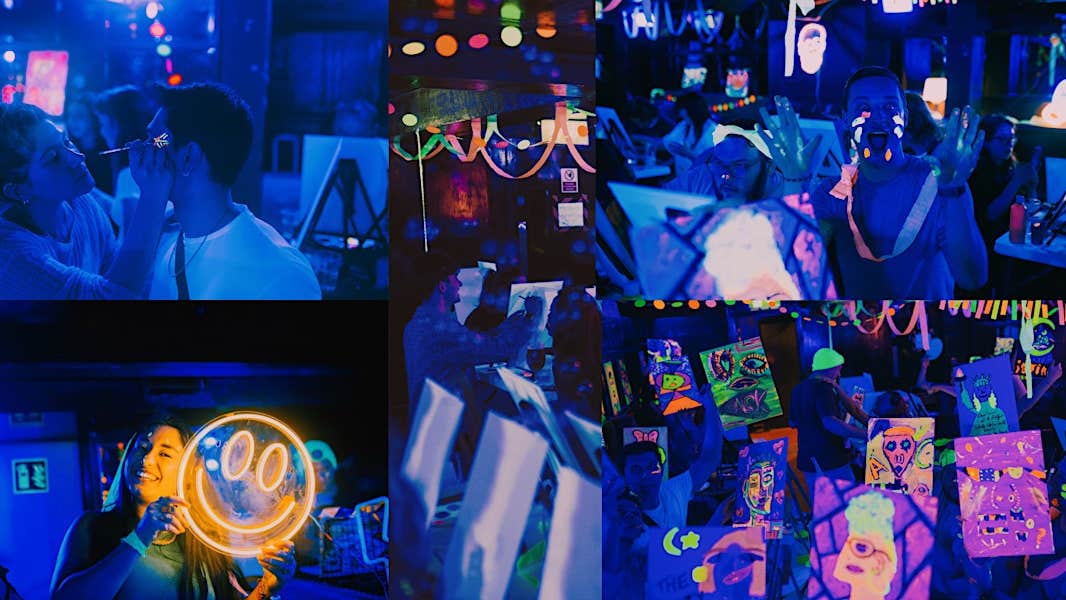 Neon Painting | Reggaeton, pictures of various groups painting in a dark, neon lit room.