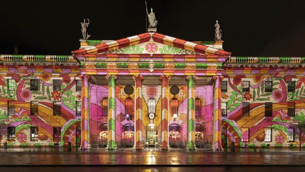 Dublin Winter Lights, The GPO lit up with a floral, colourful design at night