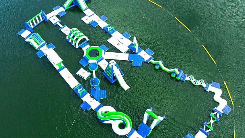 Inish Adventures aerial view of floating assault waterpark at Moville