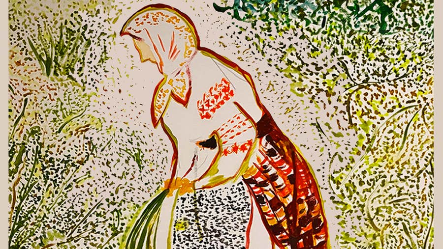 Scene + Heard 2026: Civil, a drawing in mainly dots of a woman in old fashioned dress, sweeping.