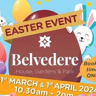 Easter Event at Belvedere House, Gardens & Park. Colourful poster with cartoon white rabbits and eggs shapes filled with event text.