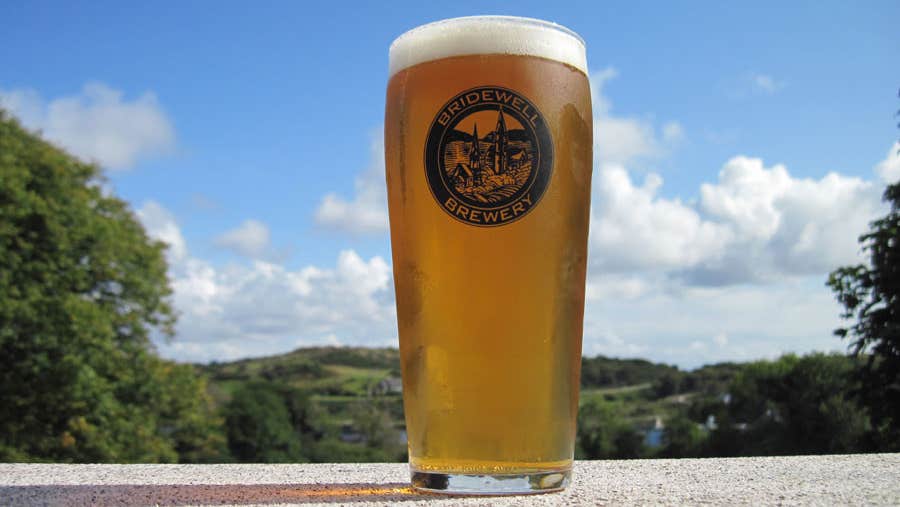 a pint of Bridewell Beer on display with a sunny countryside background