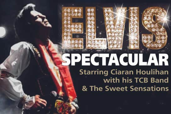 The Elvis Spectacular Show. A man in white shirt, black waistcoat and red scarf is standing with hands on hips, eyes closed, head tilted back, against black background, overlaid with gold sparkly text