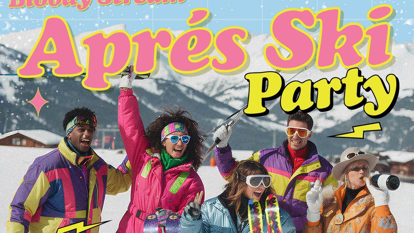 APRÈS-SKI PARTY AT THE BLOODY STREAM - a group of people dressed in brightly coloured ski wear having fun with snowy mountains in background.