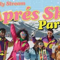 APRÈS-SKI PARTY AT THE BLOODY STREAM - a group of people dressed in brightly coloured ski wear having fun with snowy mountains in background.