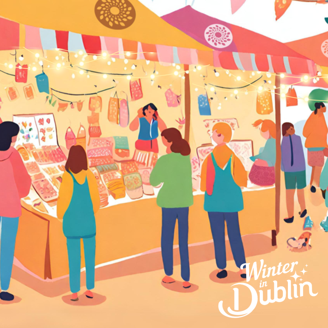 Market Stalls with people viewing products, The winter in Dublin Logo in the bottom left corner