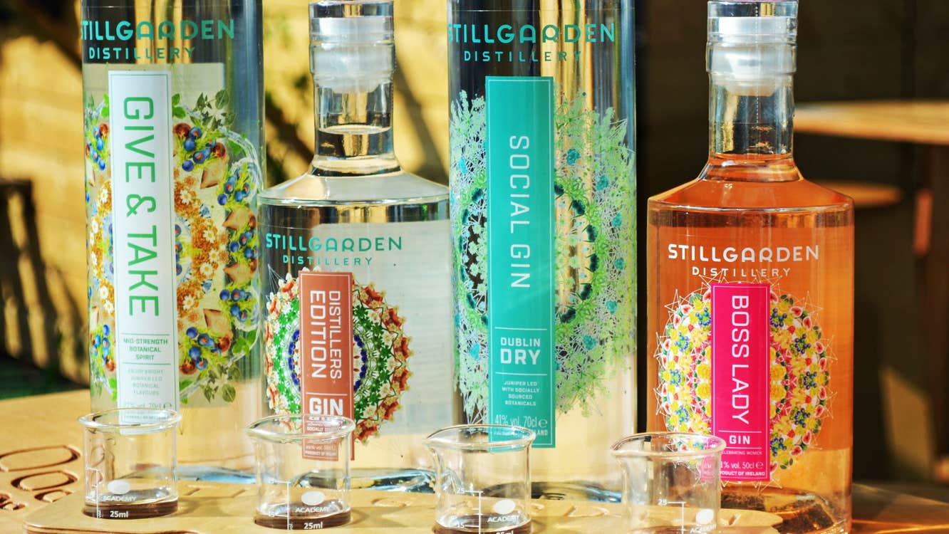 Stillgarden Distillery view of four bottles of craft gin and tasting samples