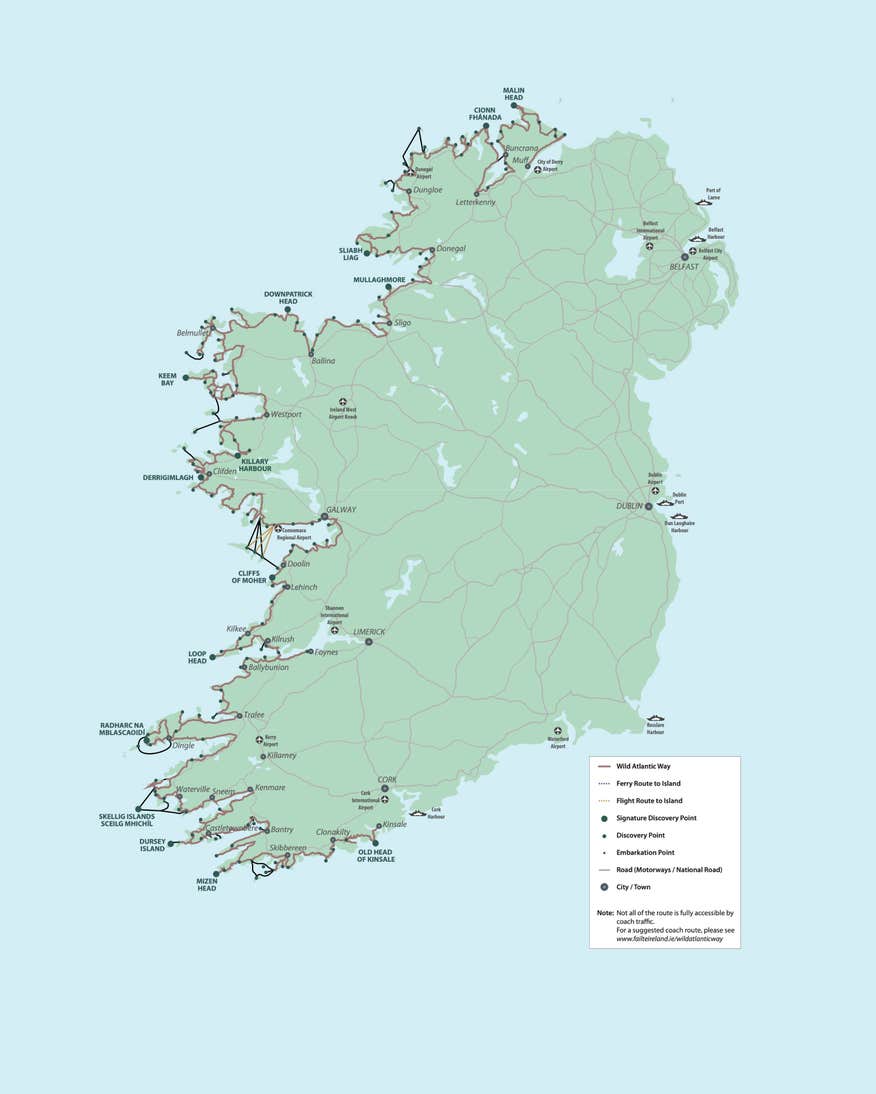 A map showing the route of the Wild Atlantic Way