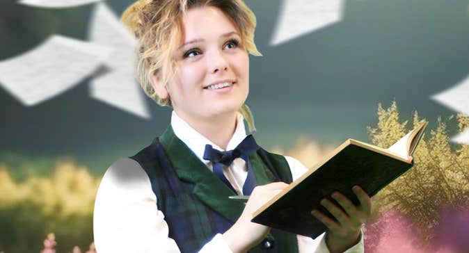 A woman in white shirt and dark waistcoat and bow tie is holding a open book and pen, looking slightly upwards, smiling.