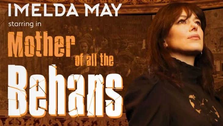 Text with a woman dressed in black looking away into the distance.