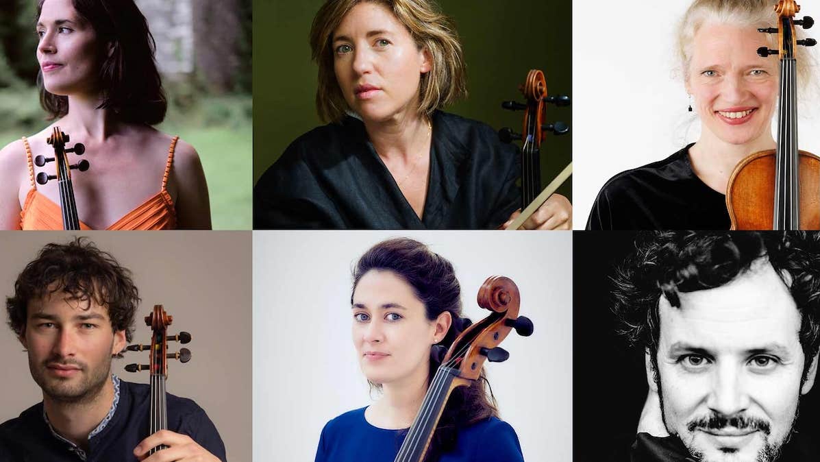 A collage of 6 different musicians with their stringed instruments