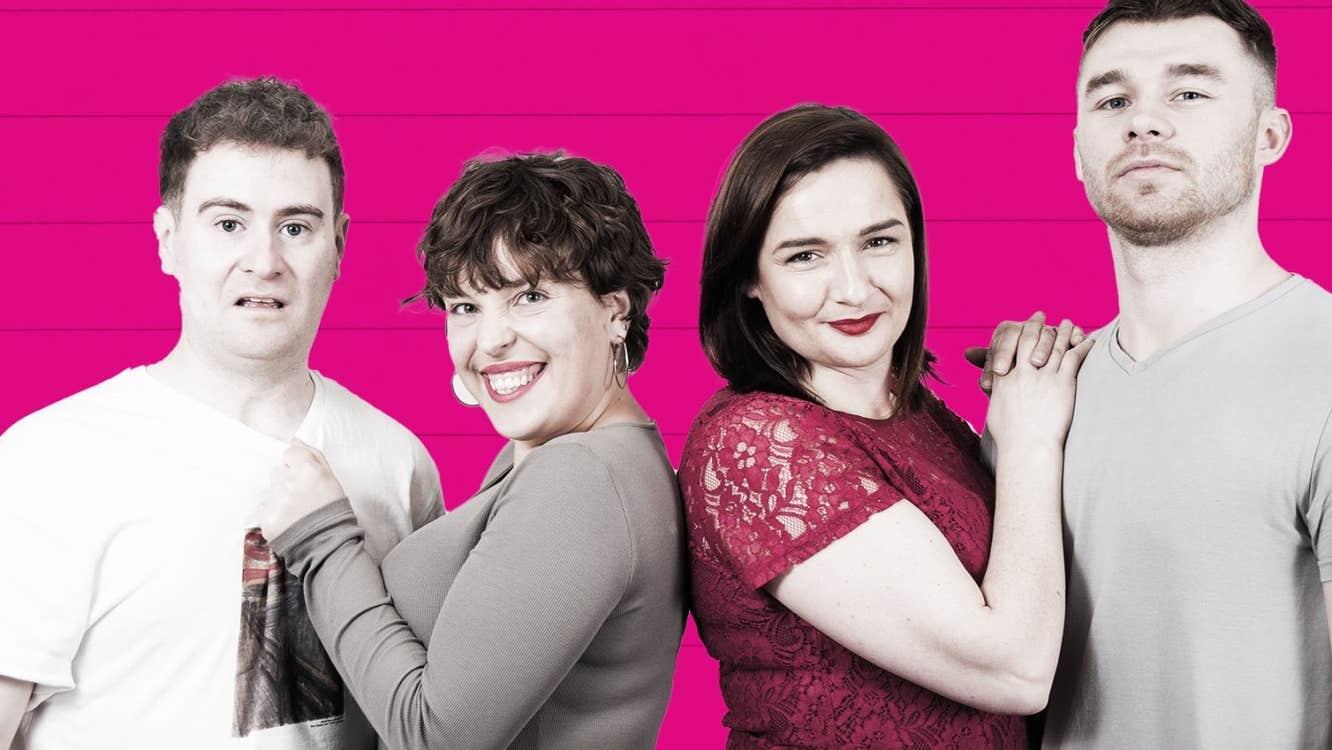 2 couples, women are smiling, one man looks proud the other looks nervous.