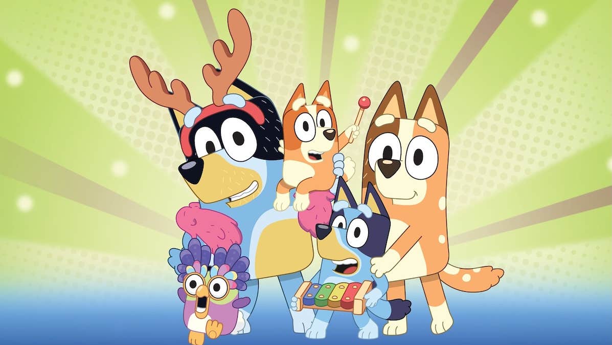 Cartoon image of 2 large dog type characters each holding a small version of themselves, all smiling.